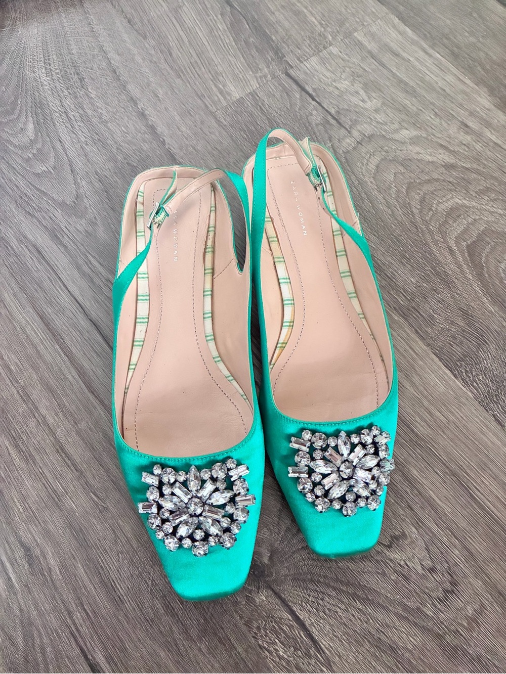 Zara Teal Satin Slingback Flats with Crystal Cluster